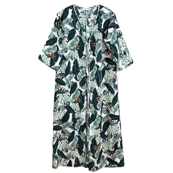 Rachel Zoe Tropical Palm Leaf Green Duster Kimono Long Swim Cover Up Size OS - Picture 8 of 8